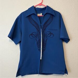 Vintage Andrade for Honolulu Hawaiian One Button  Zip Up Bowling Shirt Blue Sz M